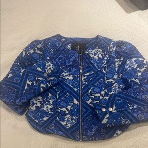 7 for All Man Kind Blue Floral Quilted Crop Jacket~Size Small ~EUC Like New